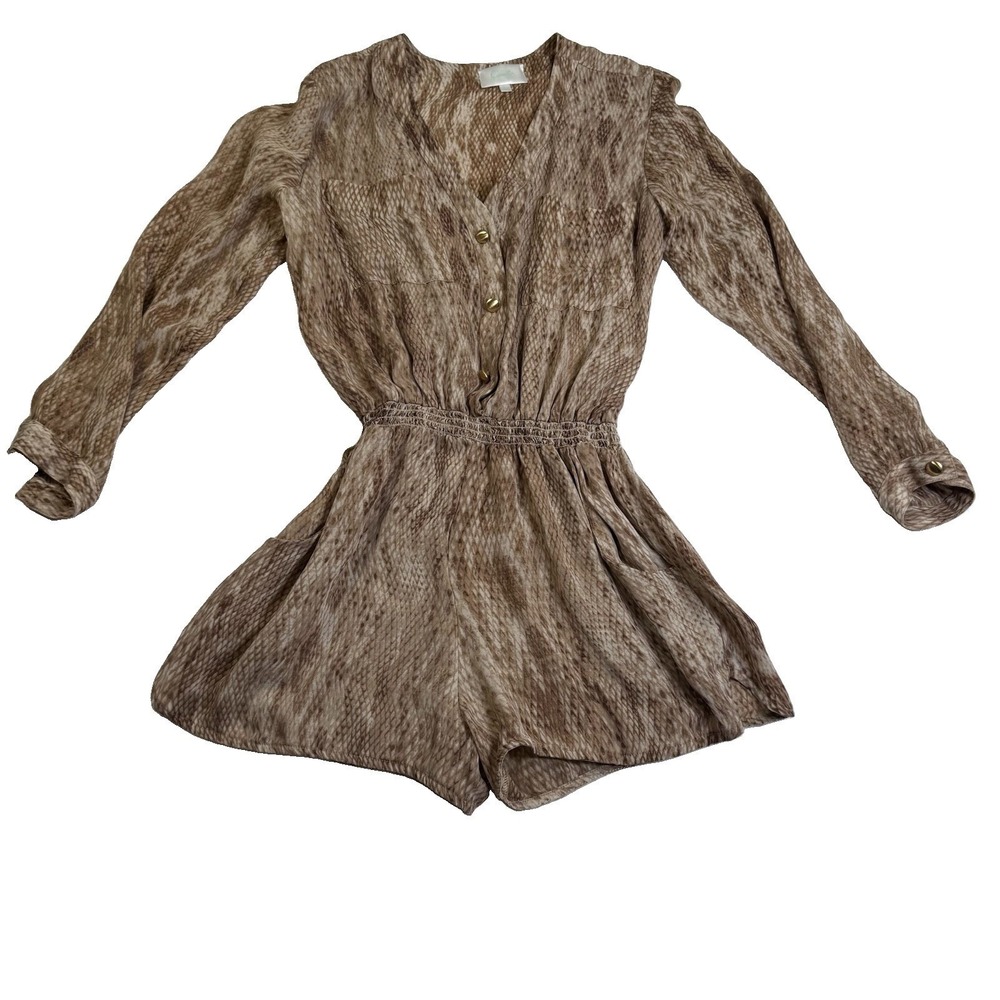 Camilla Romper Women's S Brown Silk Snakeskin Print Long Sleeve V-Neck Boho